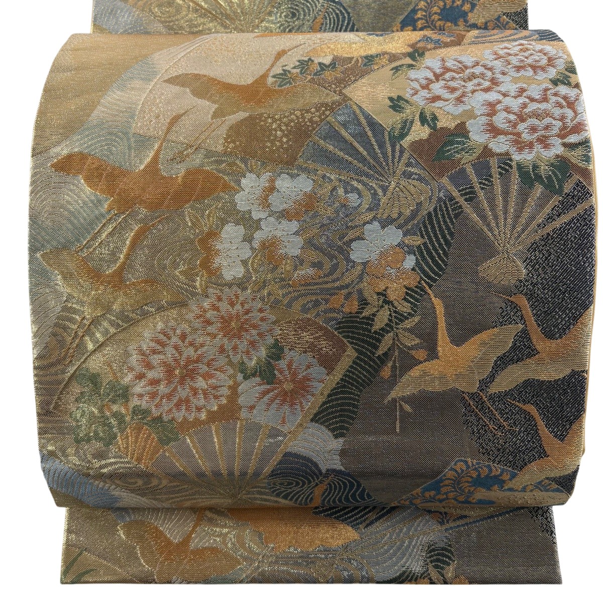 【美品】 袋帯 神品 花扇 鶴 金糸 箔 しろがね色 六通 正絹 【中古】