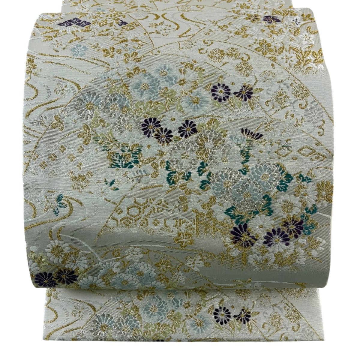 【美品】 袋帯 神品 リヴァーシブル 菊 有職文様 箔 金糸 しろがね色 六通 正絹 【中古】