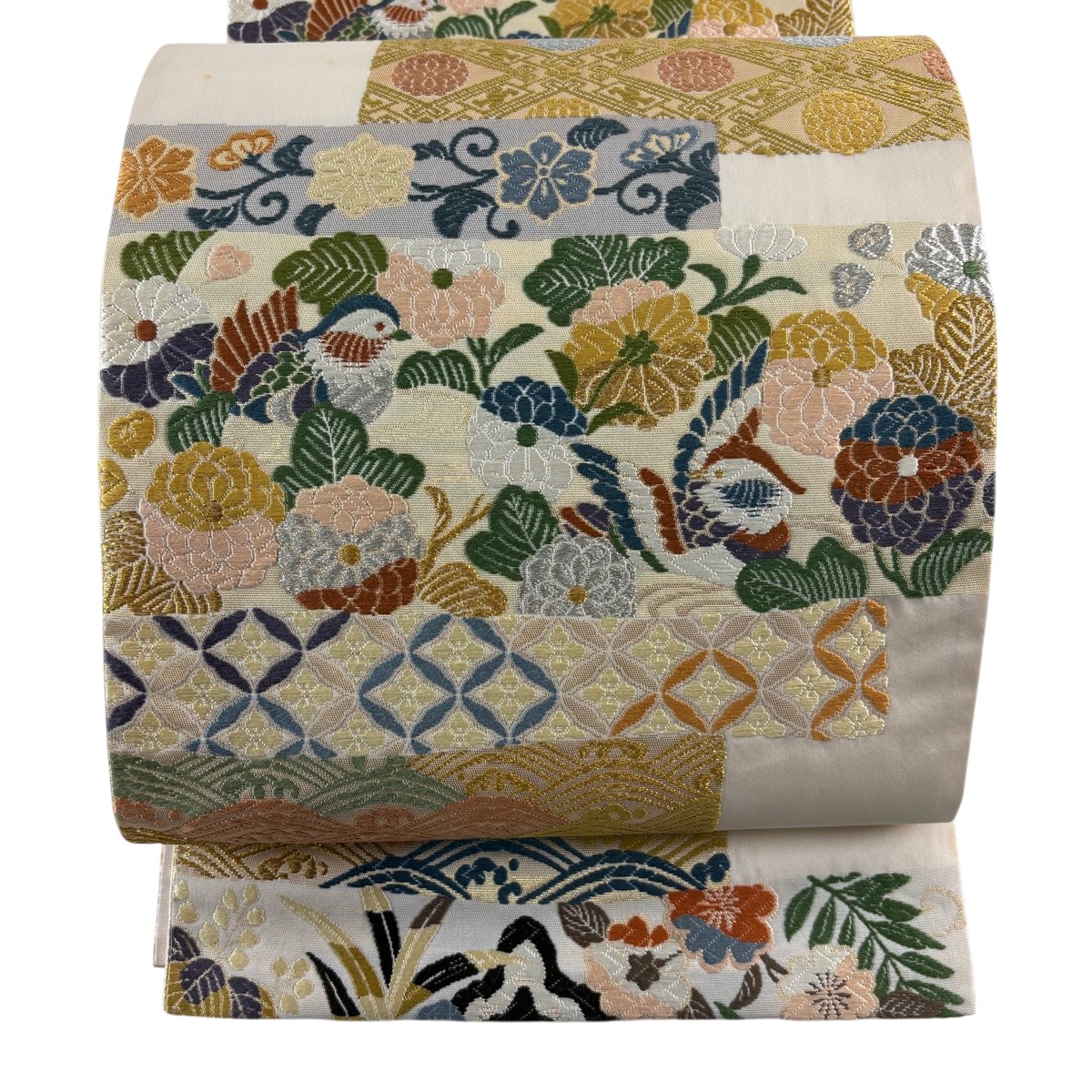 袋帯 神品 鴛鴦 菊 箔 現ナマ糸 さくら色ベージュ 六通 正絹 【中古】