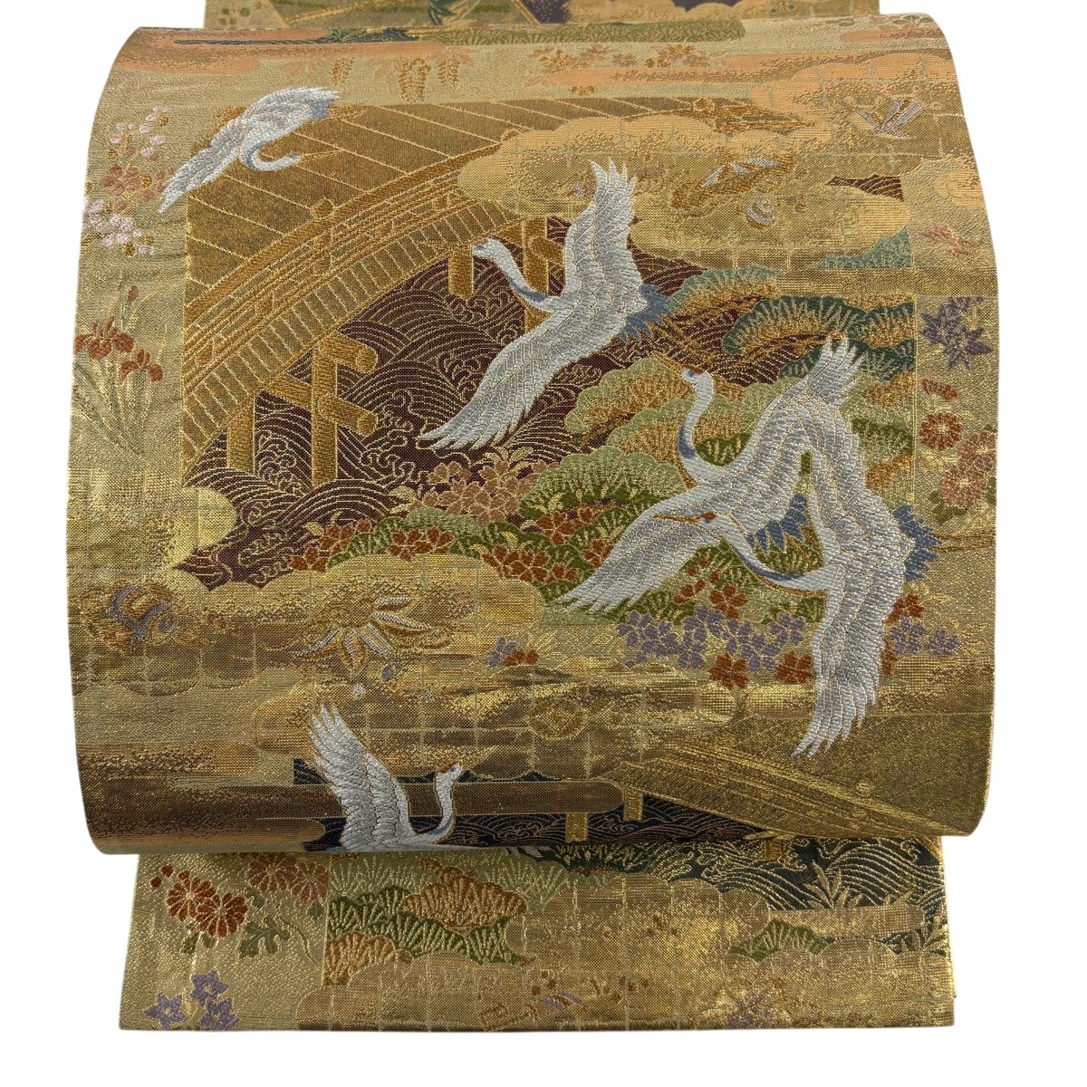 袋帯 神品 翔鶴吉祥 雲文 金糸 箔 金色 お太鼓柄 正絹 【中古】