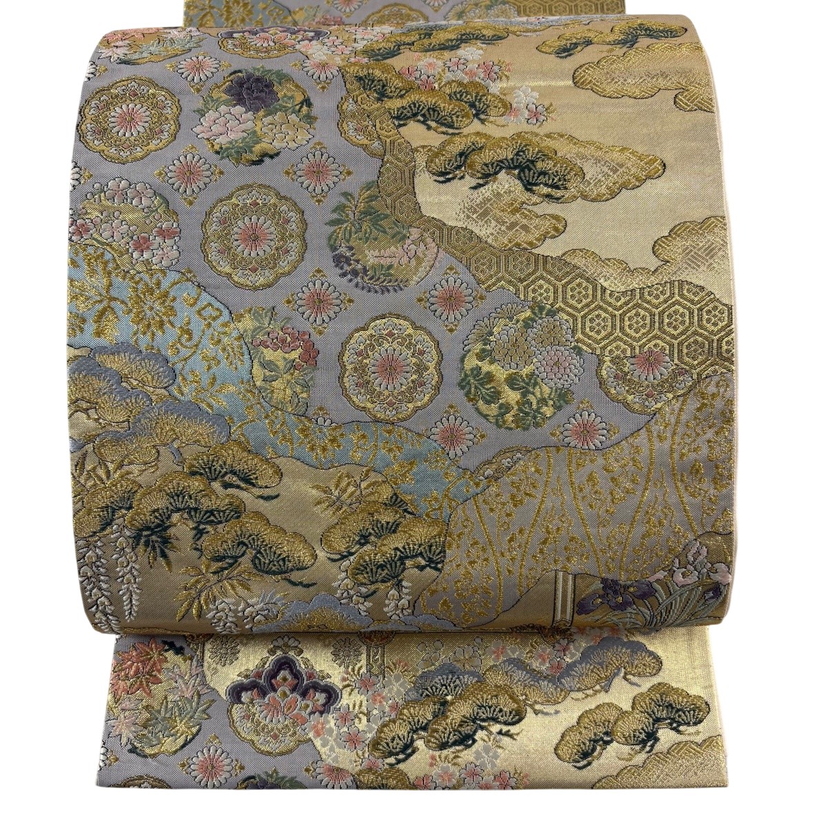 袋帯 神品 格天井 笠松 金糸 刺しゅう 金色 六通 正絹 【中古】