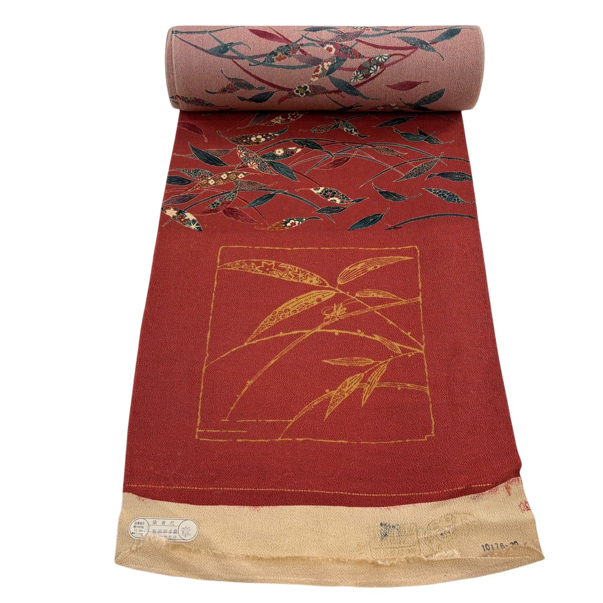 布切れ 秀品 小紋 葉柄 顕花植物 クレープ えんじ色 正絹 【中古】