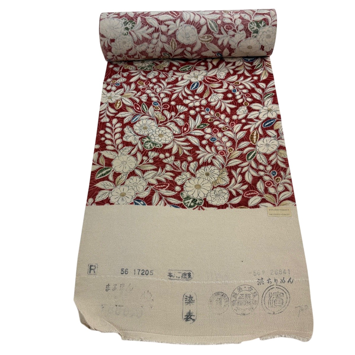 布切れ 秀品 小紋 顕花植物 クレープ えんじ色 正絹 【中古】