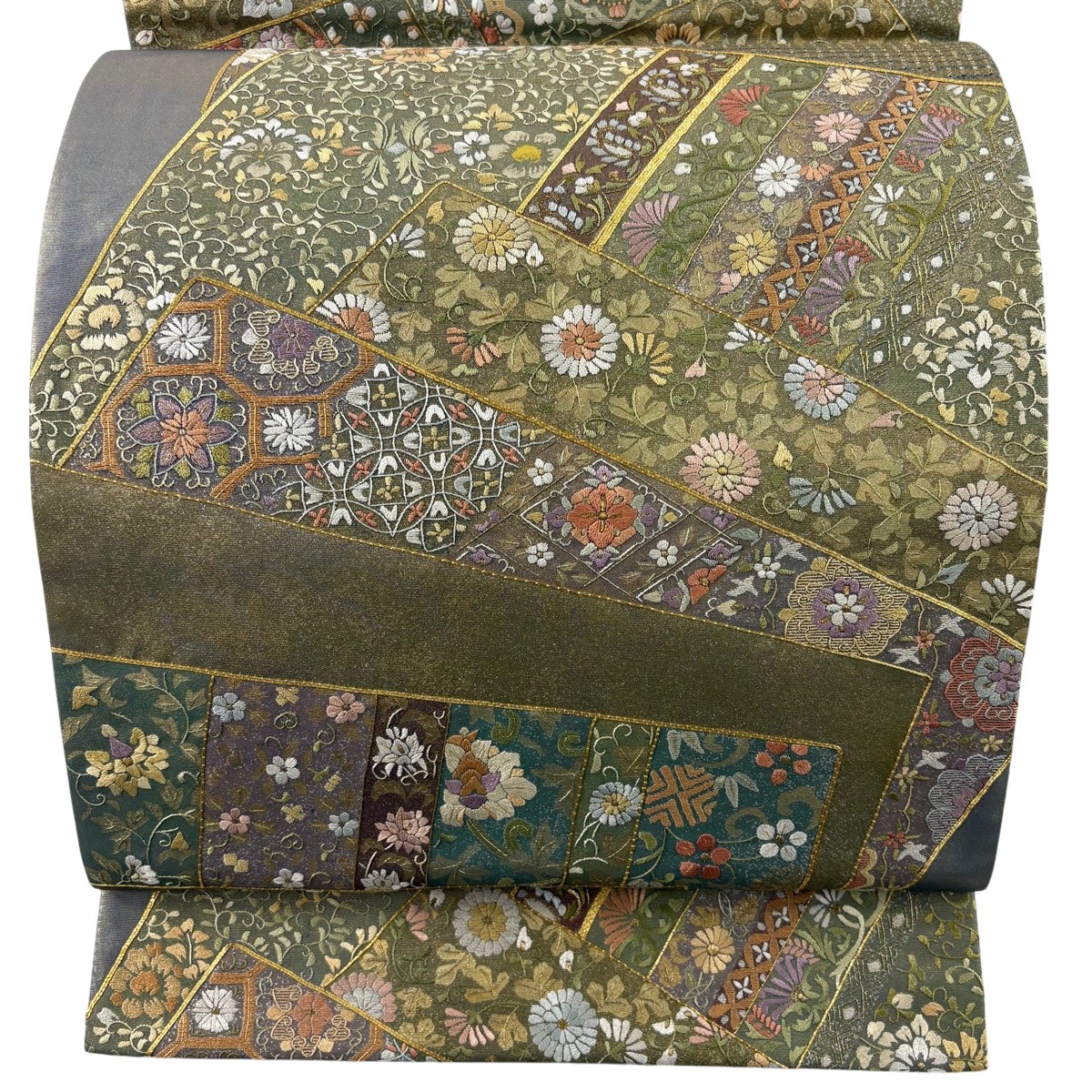 【美品】 袋帯 珠玉 鈴乃屋 花鳥 花唐草 刺しゅう 金糸 灰緑 六通 正絹 【中古】