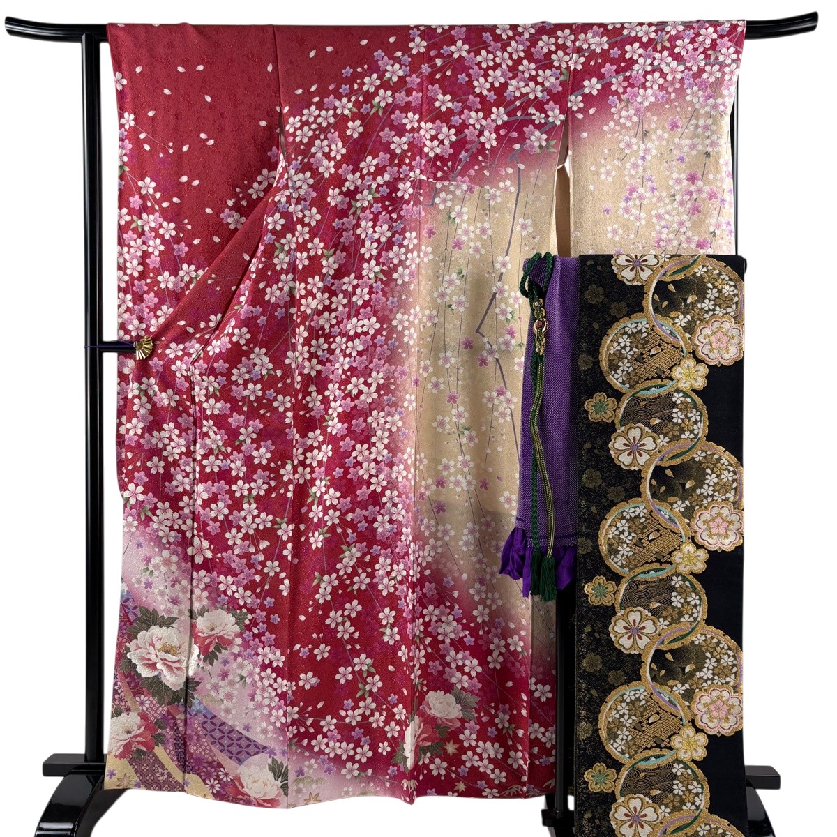 【美品】 振袖 身の丈163.5珊 裄丈65珊 M 袷 袋帯フルセット 枝垂れ桜 名取り草 金通し 箔 茜色 正絹 神品 【中古】