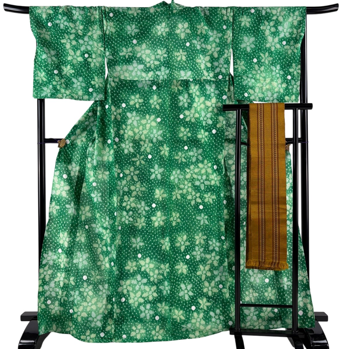 【美品】浴衣 身の丈167.5珊 裄丈70珊 L 絞り浴衣 半幅帯書き割り 花 緑 綿 秀品 【中古】