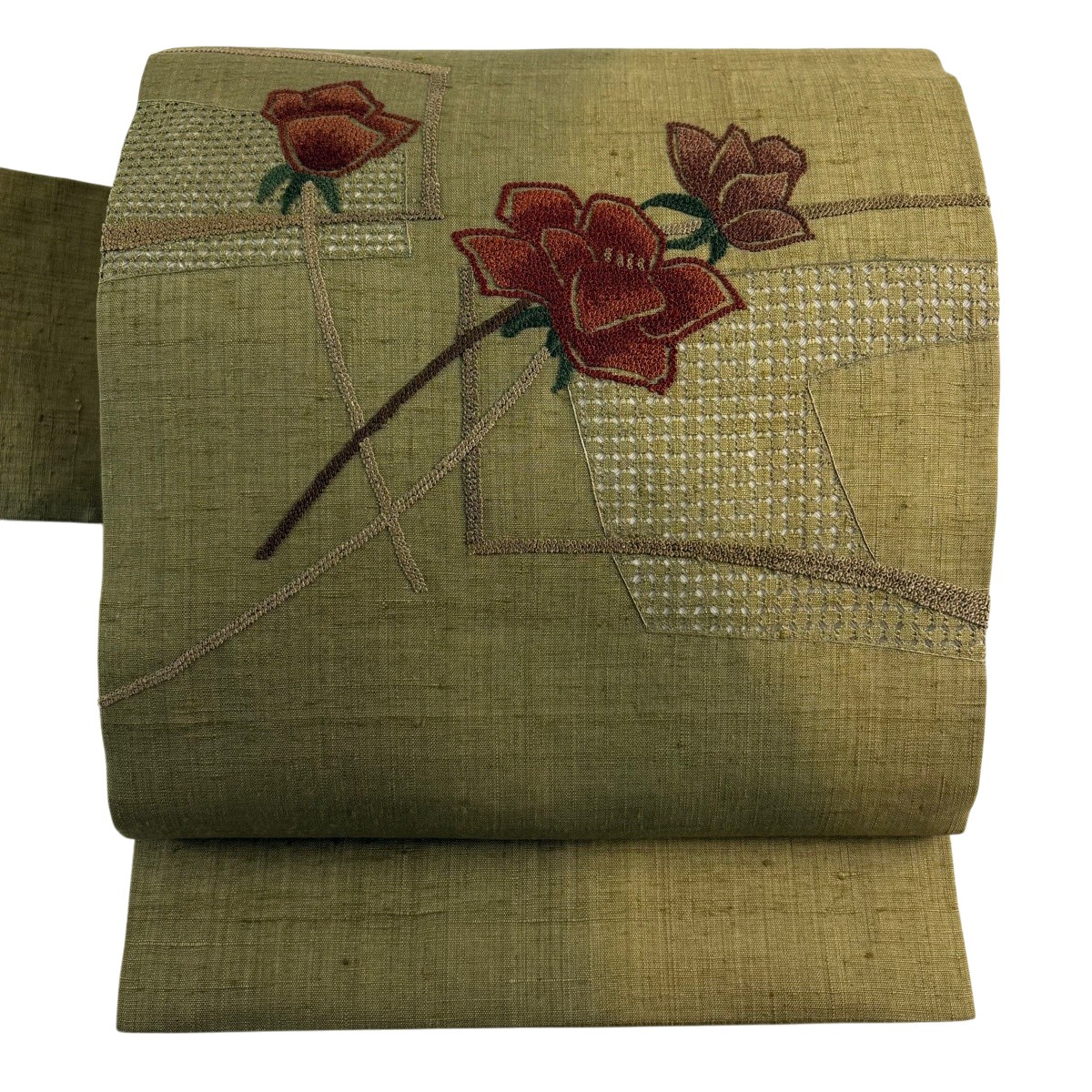 【美品】 名古屋帯 秀品 紬地 顕花植物 幾何学学 相良刺しゅう 抹茶色 正絹 【中古】