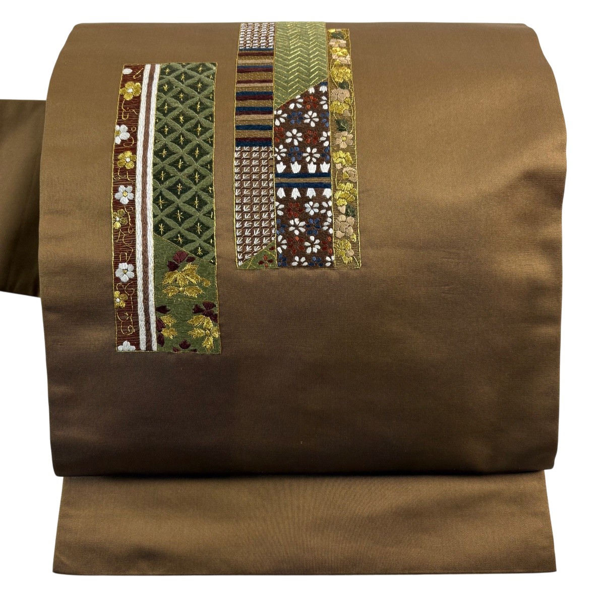 【美品】 名古屋帯 秀品 短冊 顕花植物 金糸 刺しゅう うす茶色色 正絹 【中古】