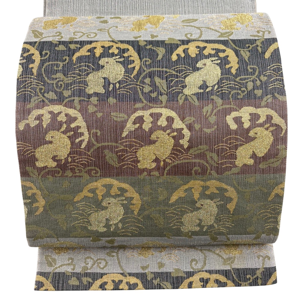 【美品】 袋帯 秀品 夏帯 うさぎ 唐草 現ナマ糸 灰緑 六通 正絹 【中古】