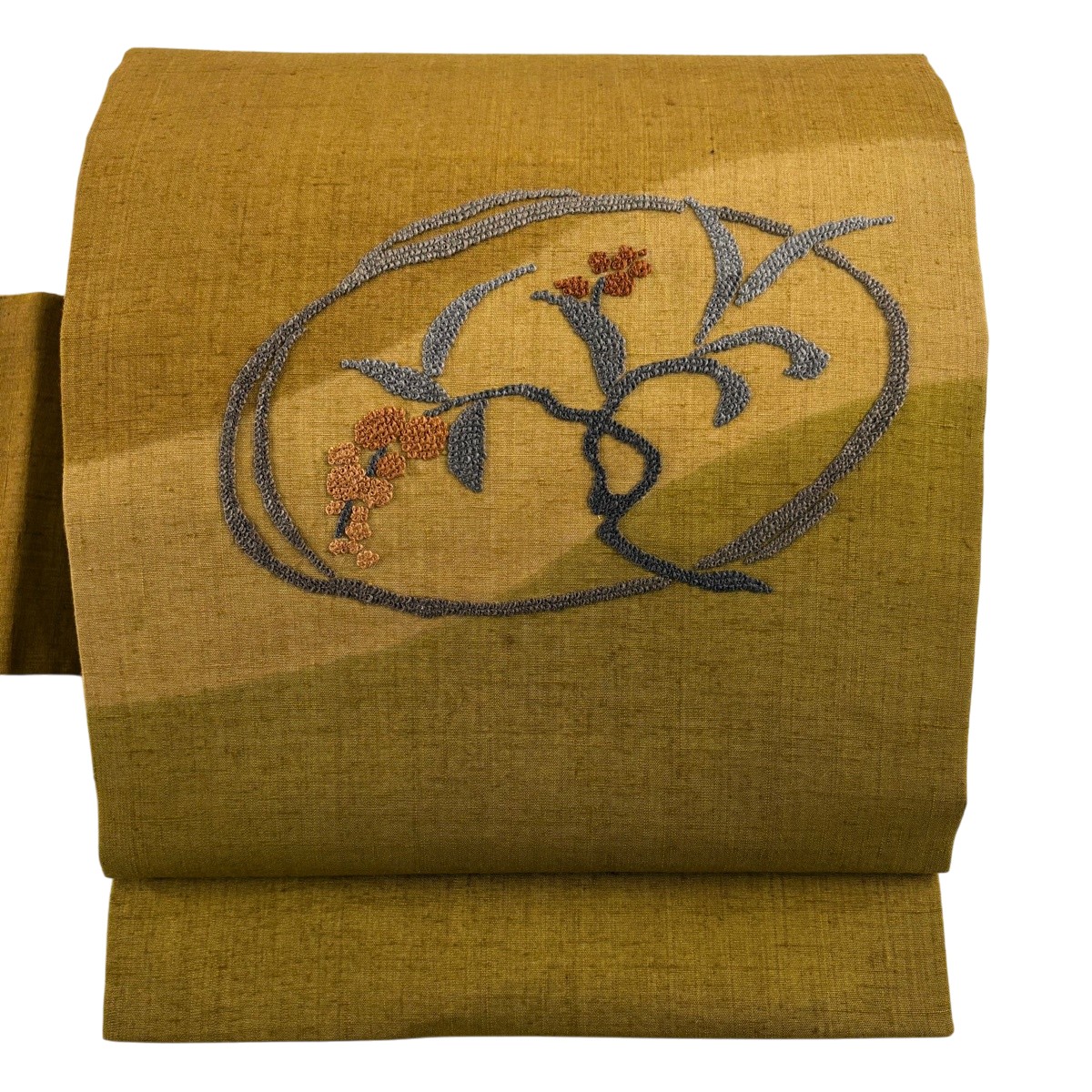 【美品】 名古屋帯 秀品 紬地 顕花植物 相良刺しゅう 山吹赤銅色 正絹 【中古】