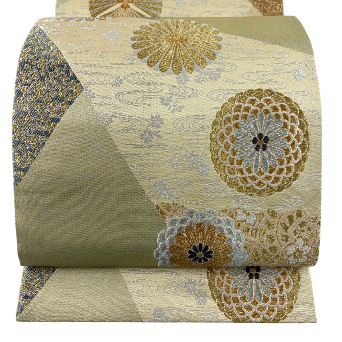 【美品】 袋帯 秀品 菊 水筋 現ナマ糸 ベージュ 六通 正絹 【中古】