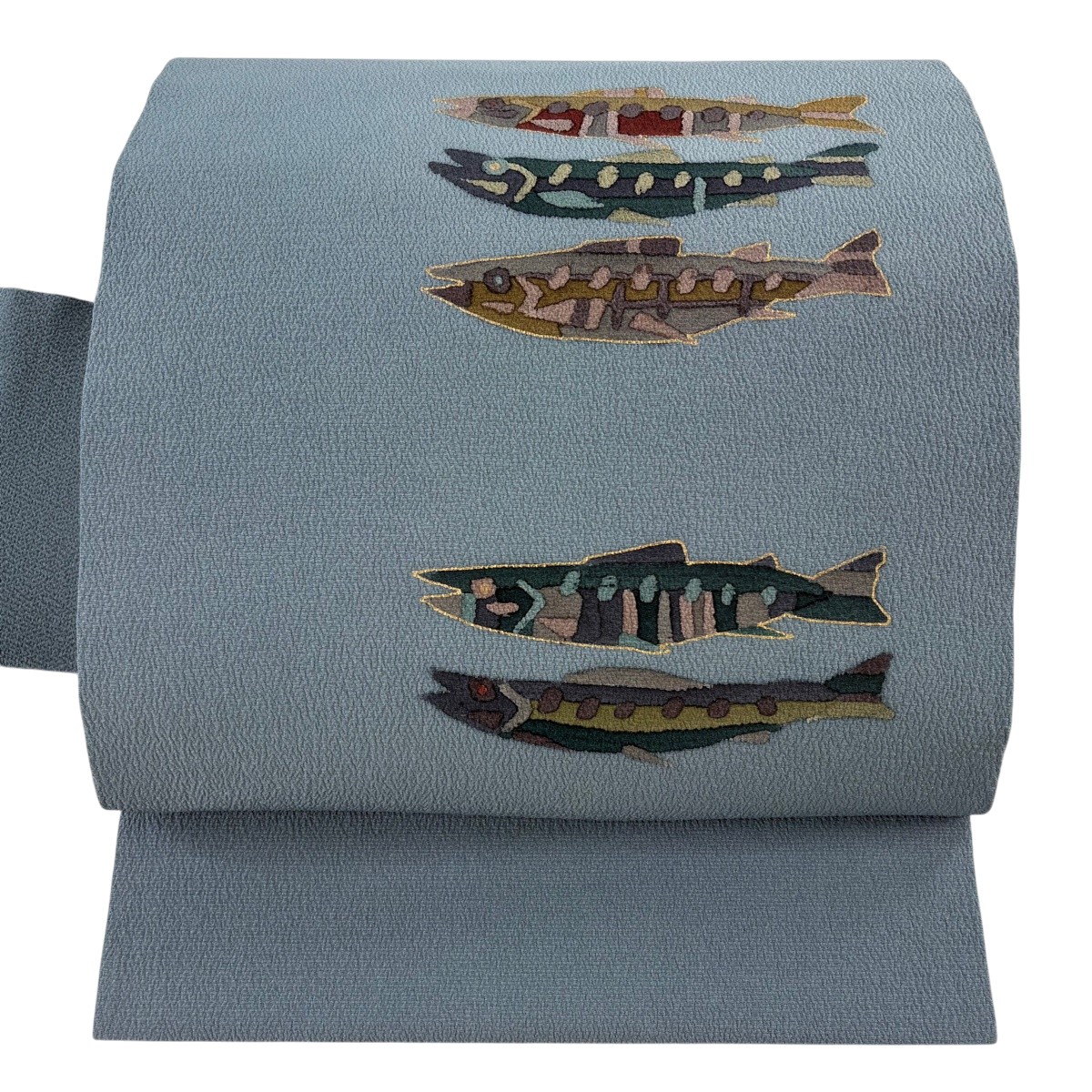 【美品】 名古屋帯 秀品 魚 金彩 クレープ 青薄墨色 正絹 【中古】