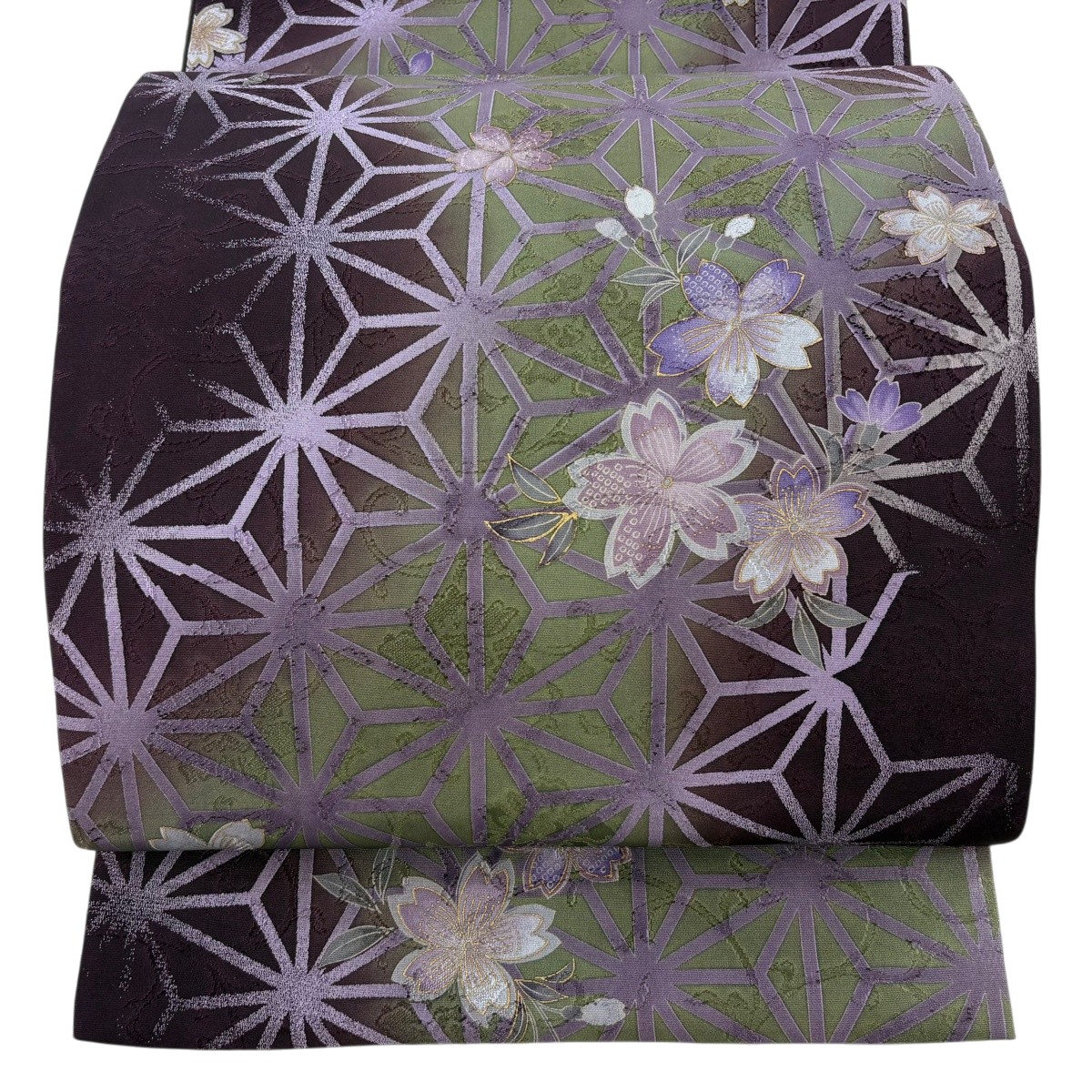 【美品】 袋名古屋帯 秀品 桜 麻の葉 金彩 紫 正絹 【中古】