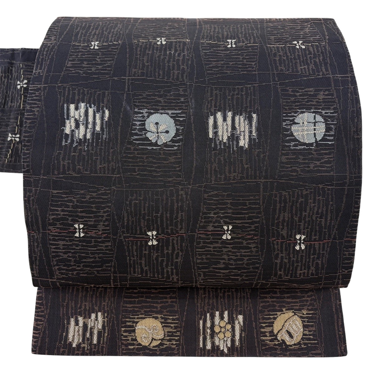 名古屋帯 秀品 幾何学学飾りつけ 花 焦茶色 正絹 【中古】