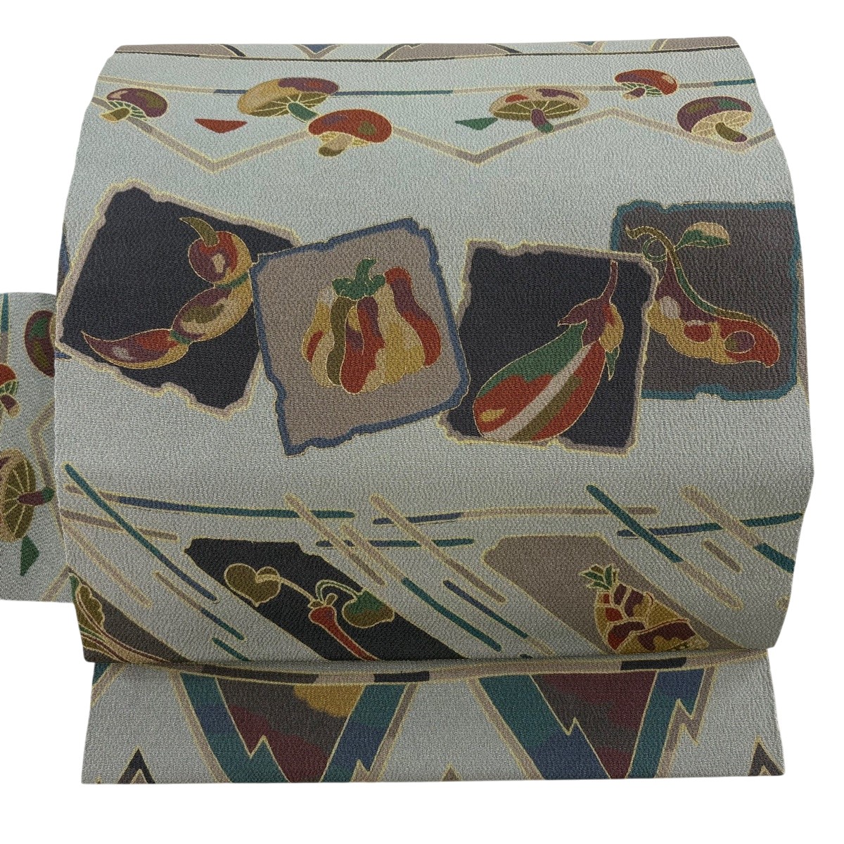 名古屋帯 秀品 蔬菜 裂け目色紙 金彩 クレープ 灰緑 正絹 【中古】