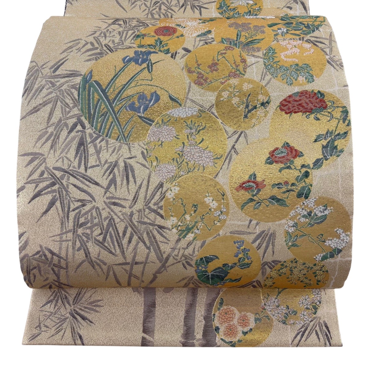 【美品】 袋帯 秀品 丸文 顕花植物 箔 金色 お太鼓柄 正絹 【中古】