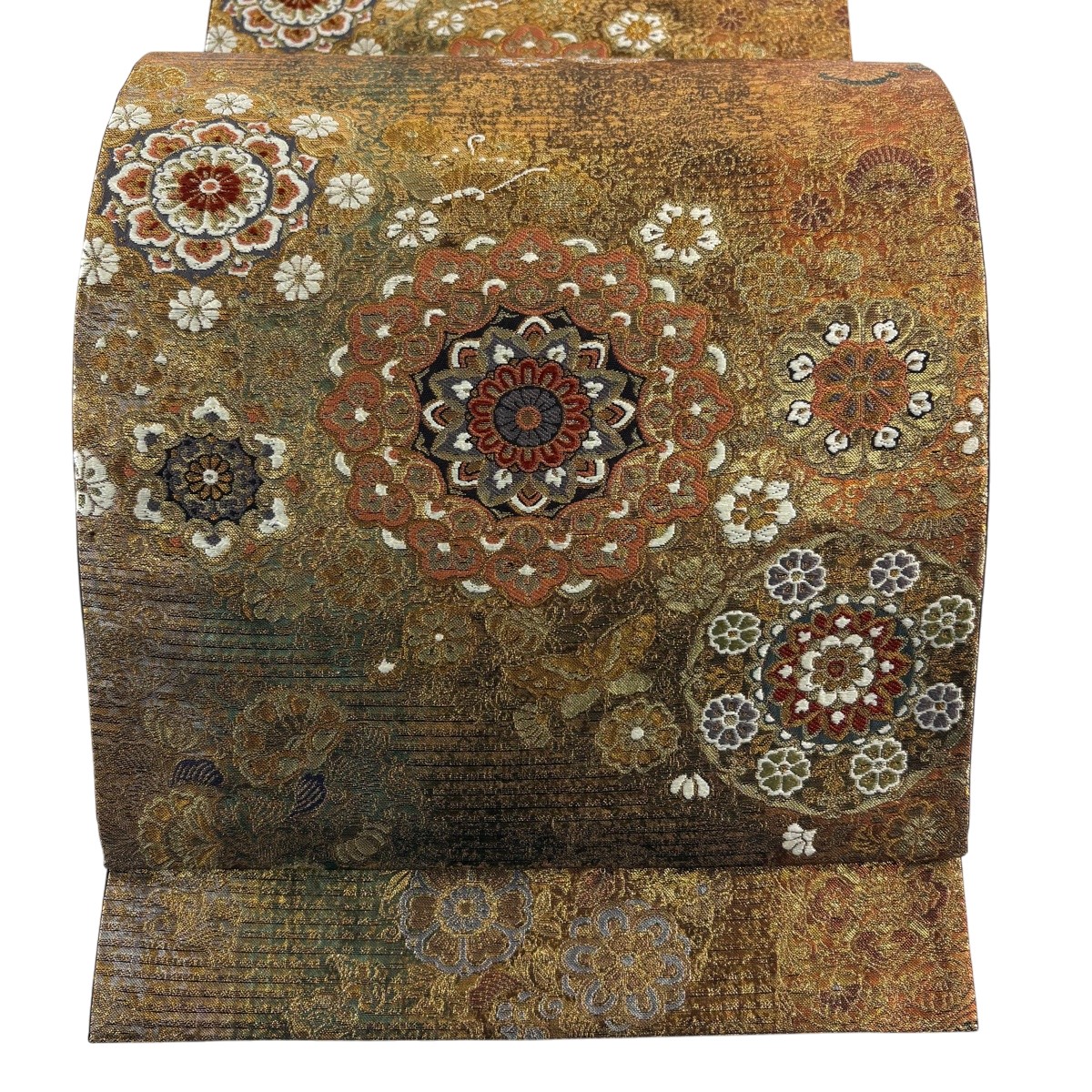 【美品】 袋帯 秀品 研彩 華文 蝶 現ナマ糸 箔 金茶 六通 正絹 【中古】
