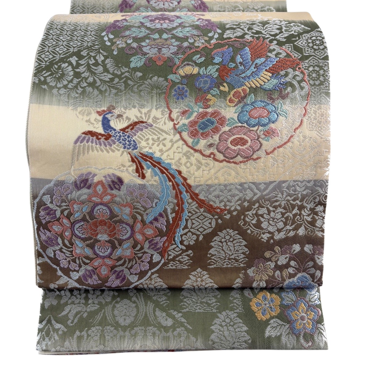 【美品】 袋帯 秀品 雪輪 花鳥 刺しゅう ベージュ 六通 正絹 【中古】