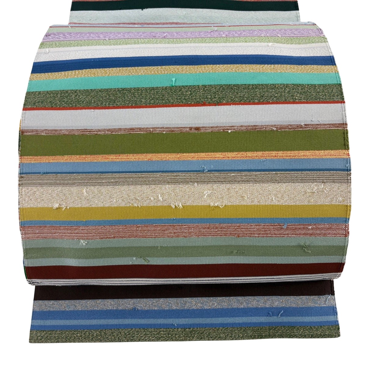 【美品】 名古屋帯 秀品 八寸名古屋帯 松葉仕立てもの 縞 金糸 灰緑 正絹 【中古】