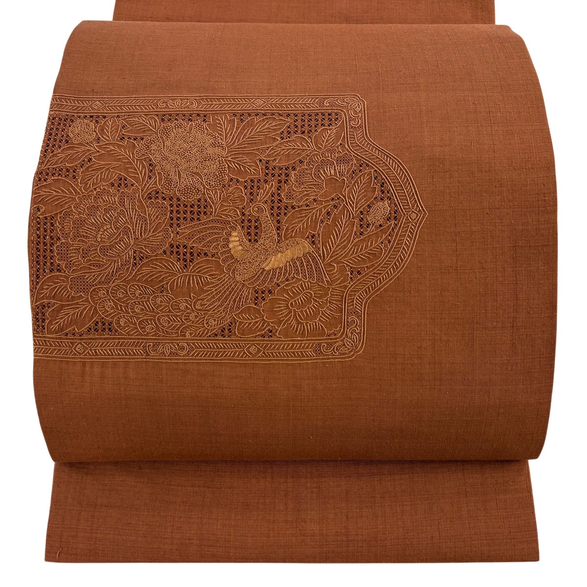 【美品】 開き名古屋帯 秀品 紬地 顕花植物 鳥 刺しゅう 赤銅色 正絹 【中古】