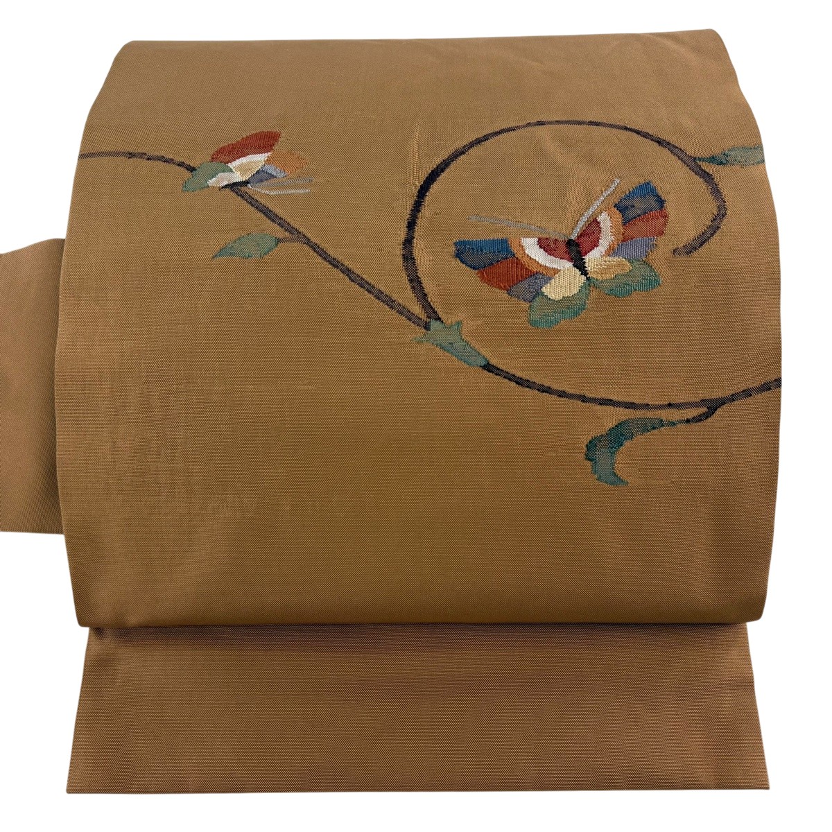 【美品】 名古屋帯 秀品 紬地 蝶 花唐草 山吹赤銅色 正絹 【中古】