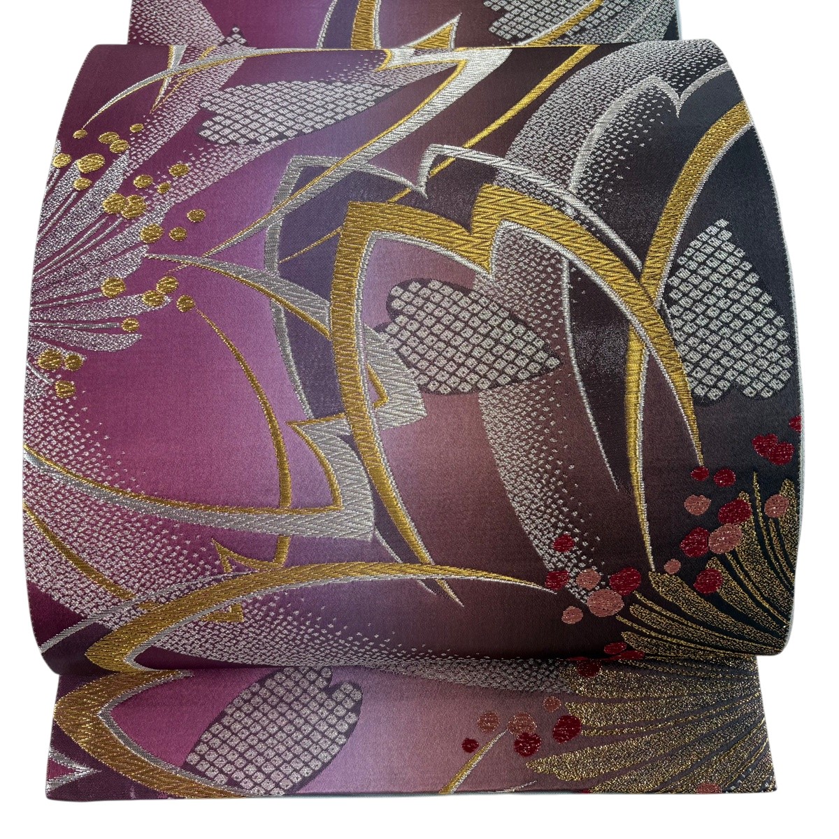 【美品】 袋帯 秀品 桜 花脣 箔 現ナマ糸 赤紫 六通 正絹 【中古】