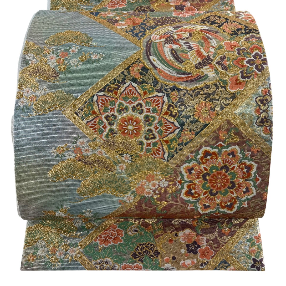 【美品】 袋帯 秀品 桃山桧垣桜華文 向こうっ面鳥 金糸 箔 青薄墨色 六通 正絹 【中古】