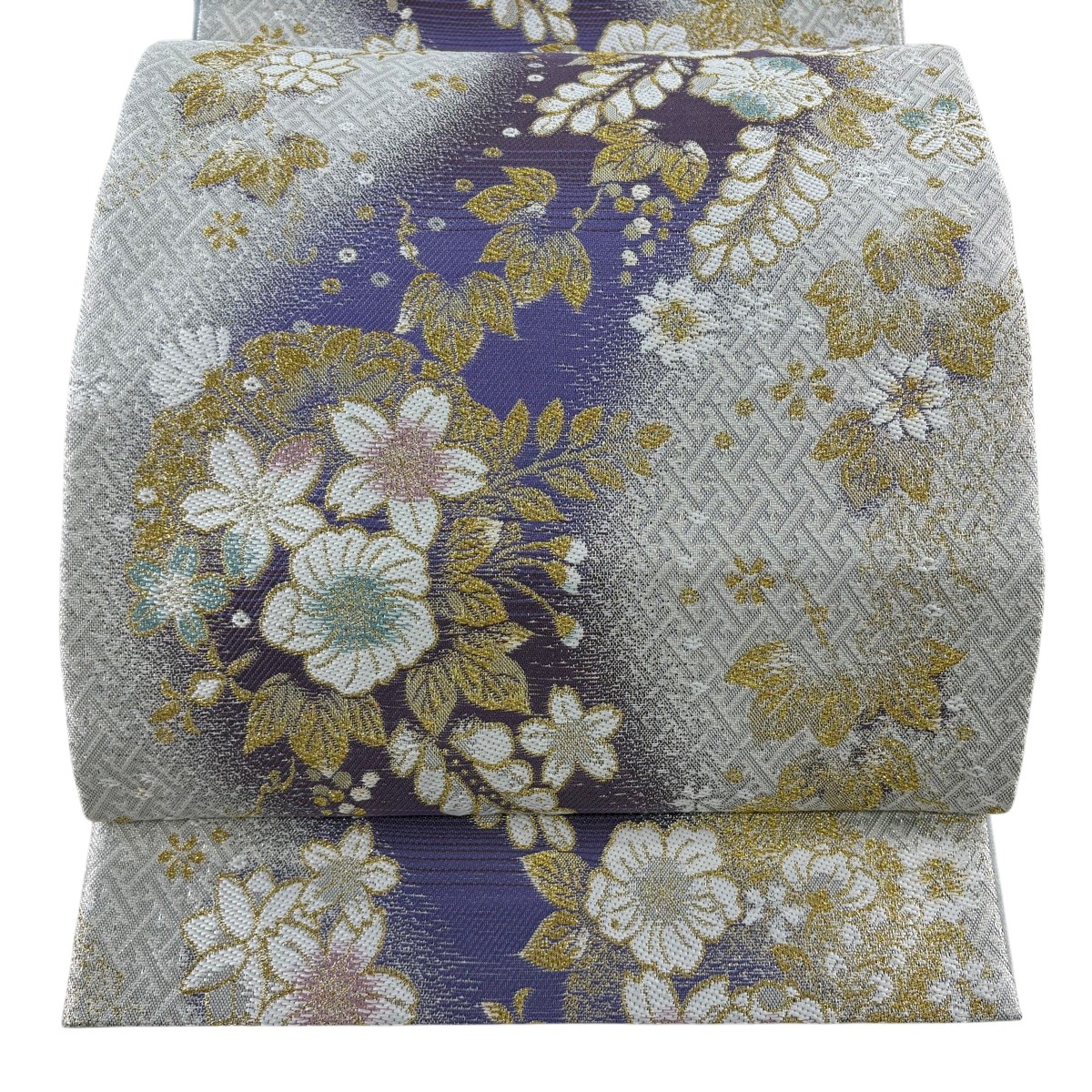 【美品】 袋帯 秀品 やまと 桜 紗綾形 箔 金糸 紫 六通 正絹 【中古】