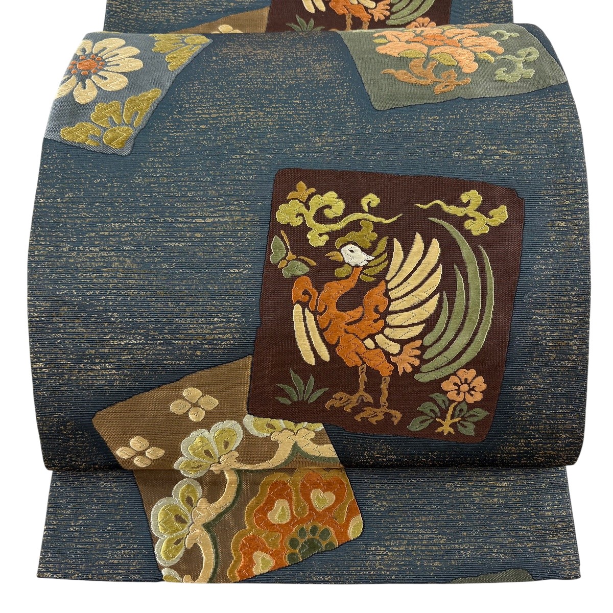 【美品】 袋帯 秀品 鳥 顕花植物 箔 唐織 深緑 六通 正絹 【中古】
