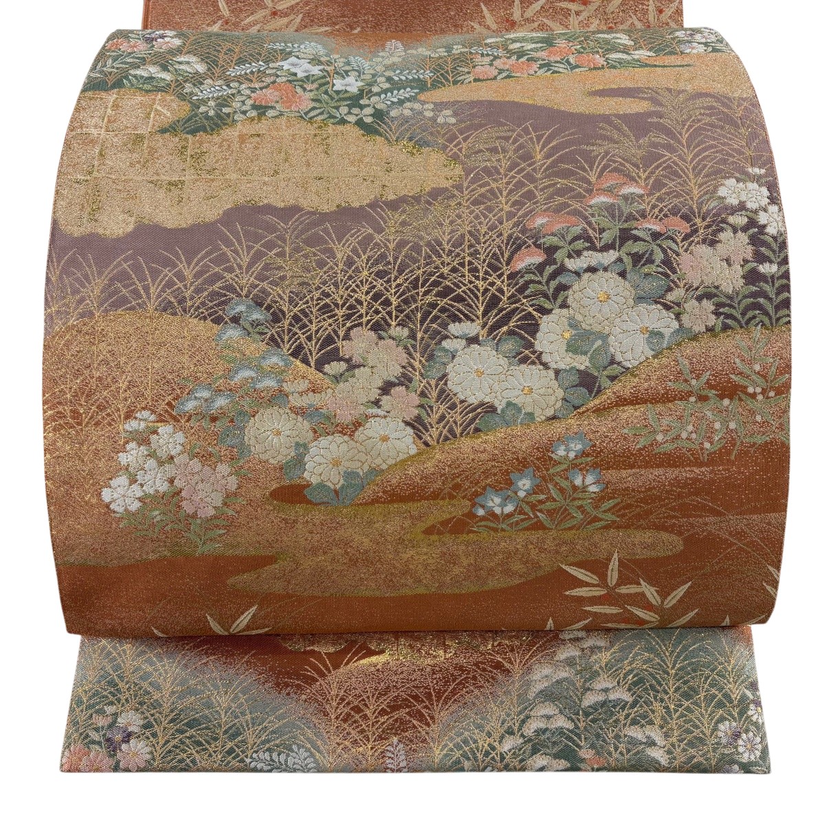 【美品】 袋帯 秀品 名書きあり 藤三郎 秋草 雲文 箔 赤茶 六通 正絹 【中古】