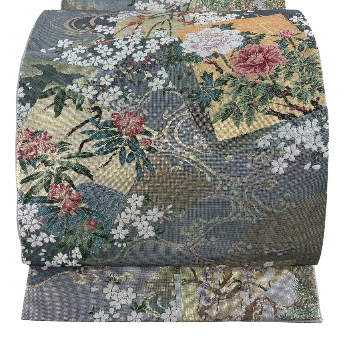 【美品】 袋帯 秀品 波間航空色紙文 枝花 箔 薄墨色 六通 正絹 【中古】