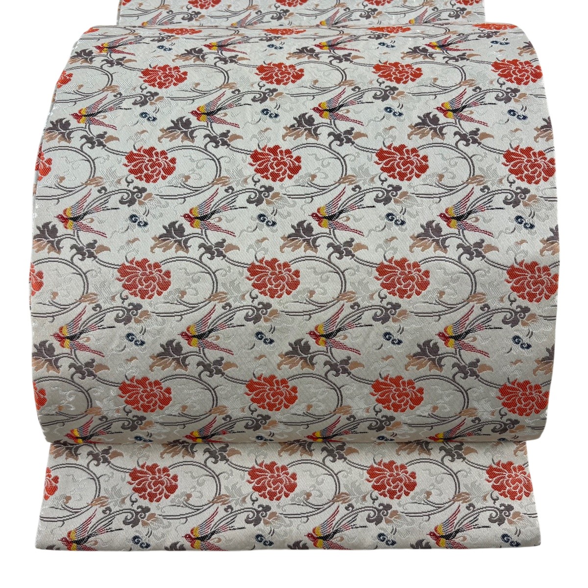 開き名古屋帯 秀品 鳥 花唐草 灰白 正絹 【中古】