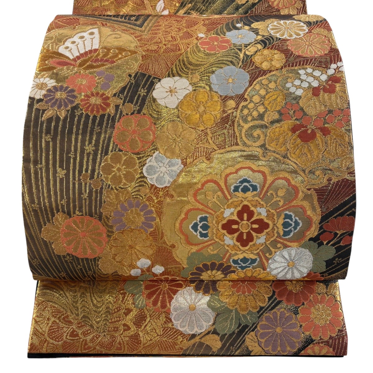 【美品】 袋帯 秀品 織匠華の舞 振袖方位 雪輪 菊 現ナマ糸 箔 赤銅色 六通 正絹 【中古】