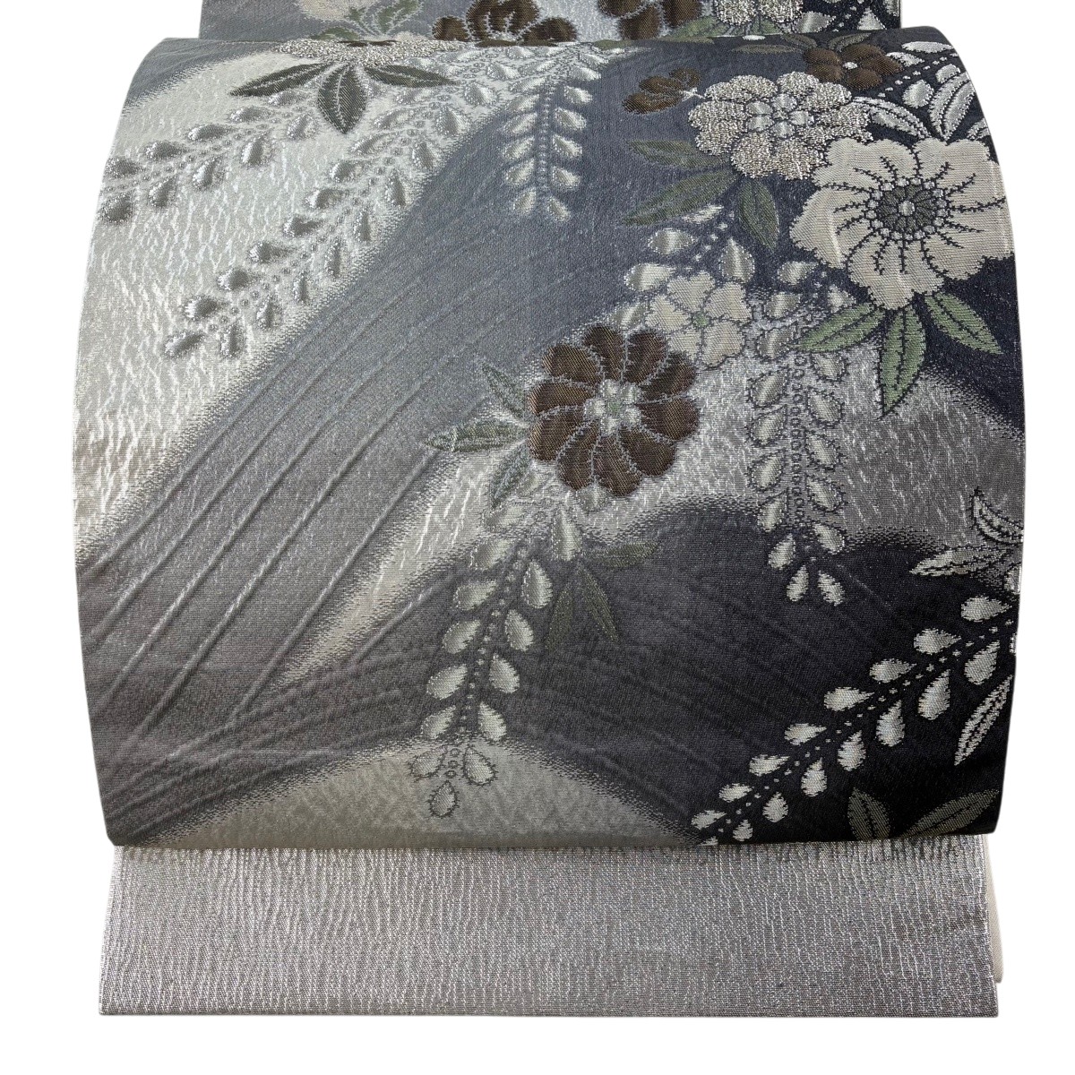 【美品】 袋帯 秀品 関西仕立てもの 顕花植物 現ナマ糸 箔 薄墨色 六通 正絹 【中古】