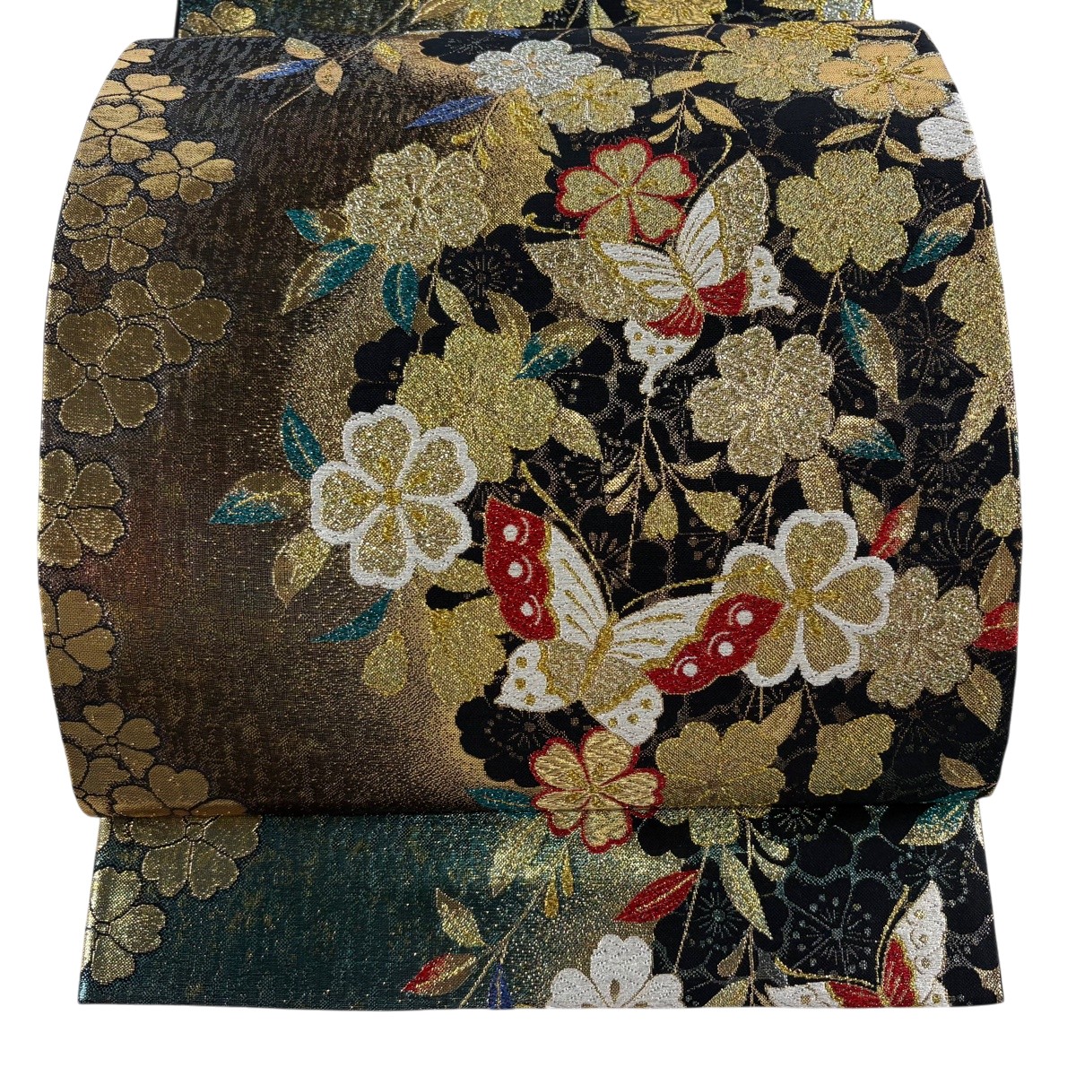 【美品】 袋帯 秀品 振袖方位 蝶 枝垂れ桜 箔 金糸 黒 六通 正絹 【中古】