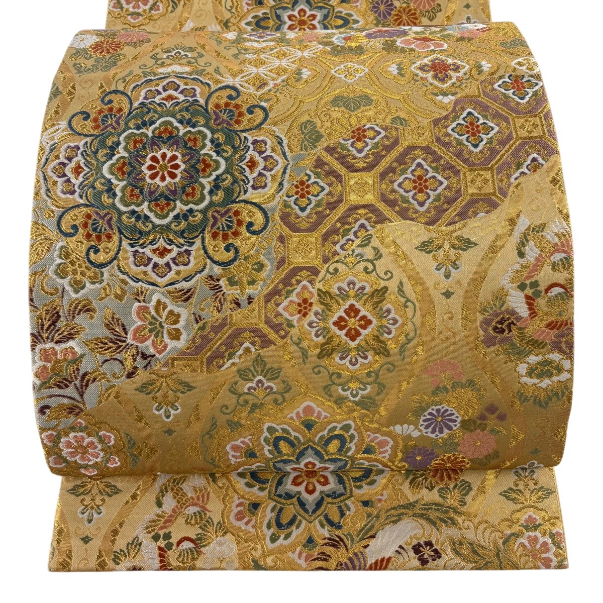 【美品】 袋帯 秀品 立涌 華文 金糸 箔 イエローオーカー色 六通 正絹 【中古】