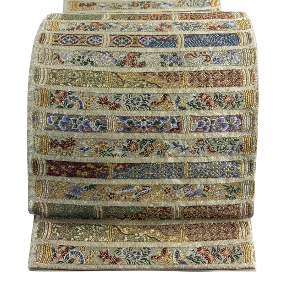 【美品】 袋帯 秀品 顕花植物 七宝 現ナマ糸 箔 金色 六通 正絹 【中古】