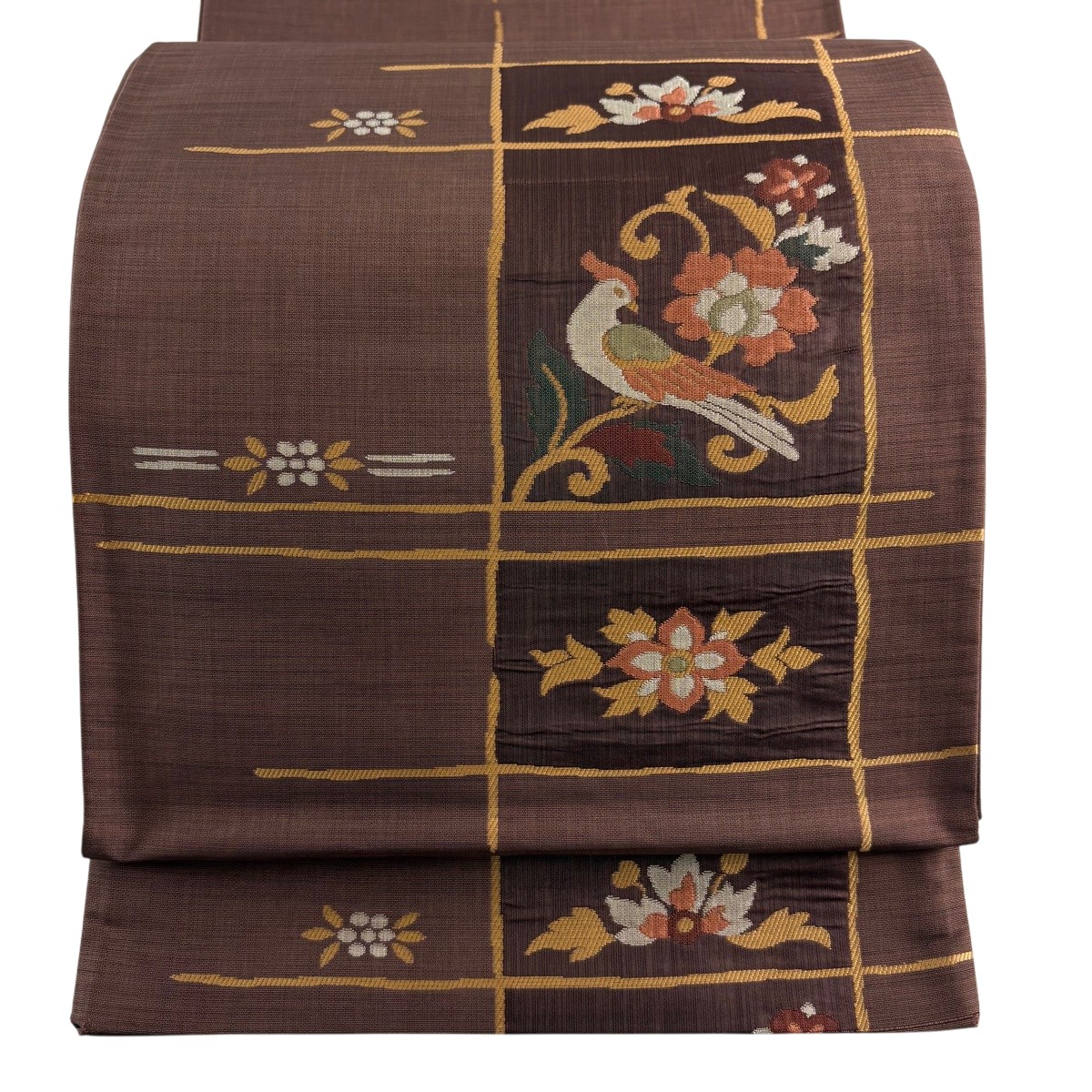 【美品】 袋帯 秀品 鳥 花唐草 赤銅色 六通 正絹 【中古】