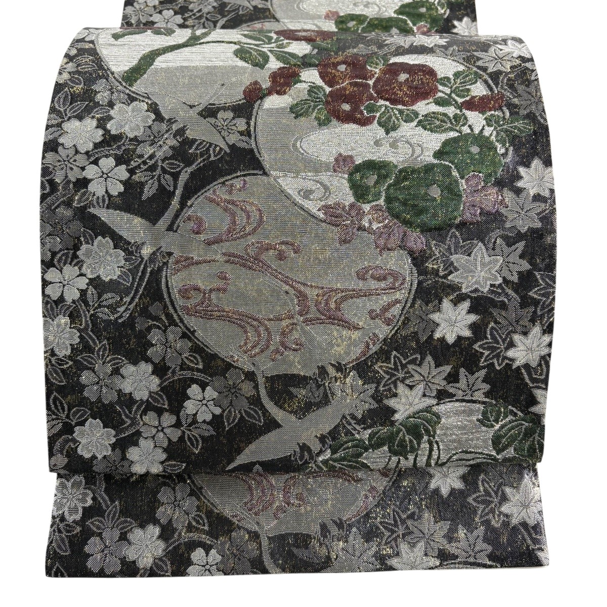 【美品】 袋帯 秀品 椿 鶴 銀糸 箔 墨色 六通 正絹 【中古】