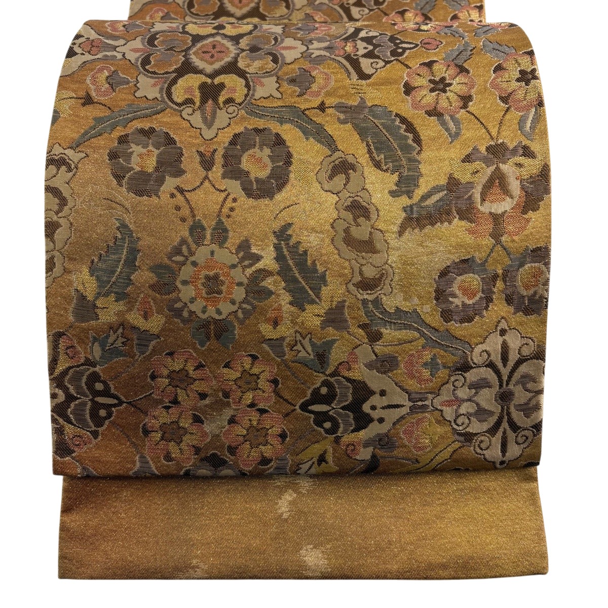 【美品】 袋帯 秀品 証紙あり 華文 顕花植物 箔 赤銅色 六通 正絹 【中古】