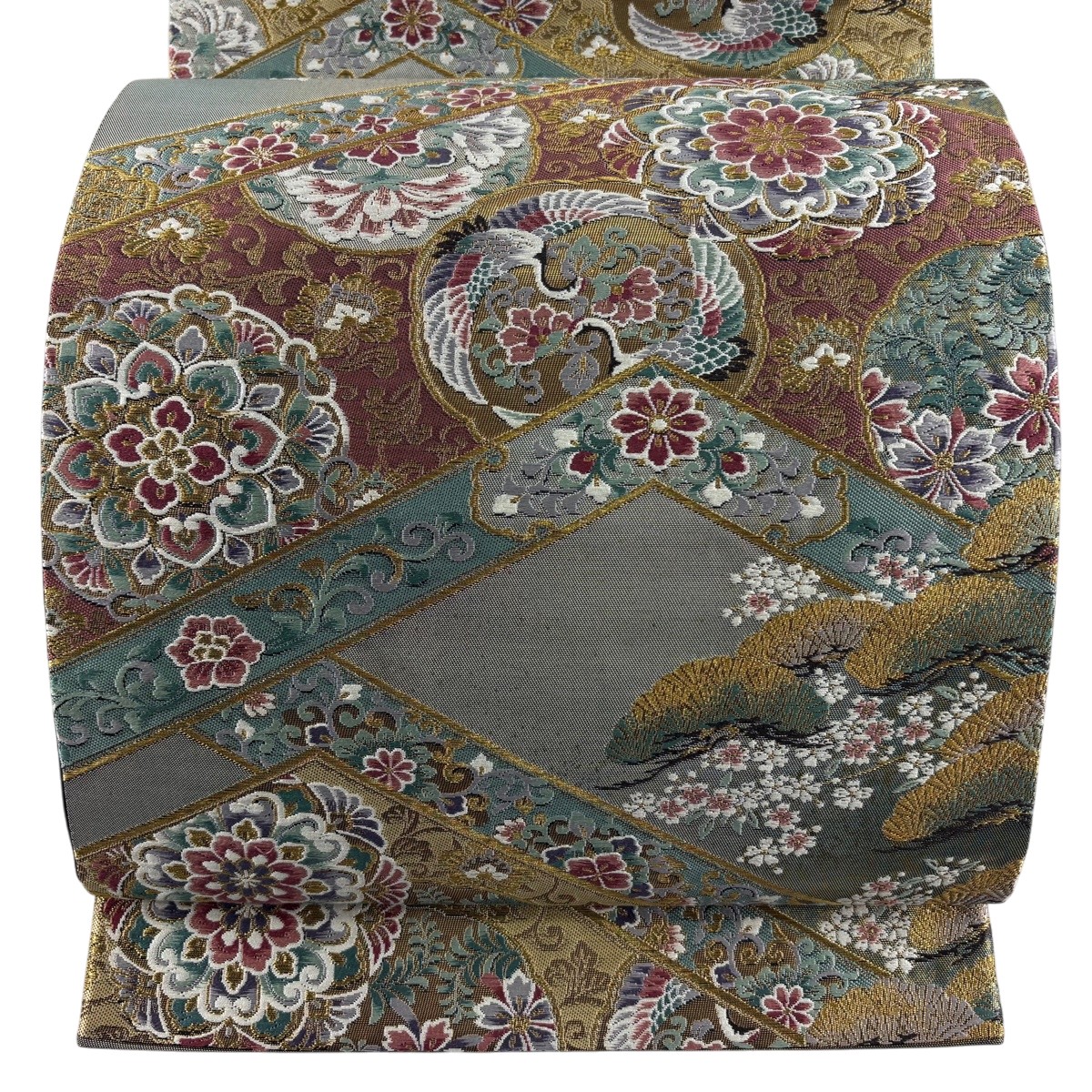 【美品】 袋帯 秀品 華文 鶴 金糸 箔 薄墨色 六通 正絹 【中古】