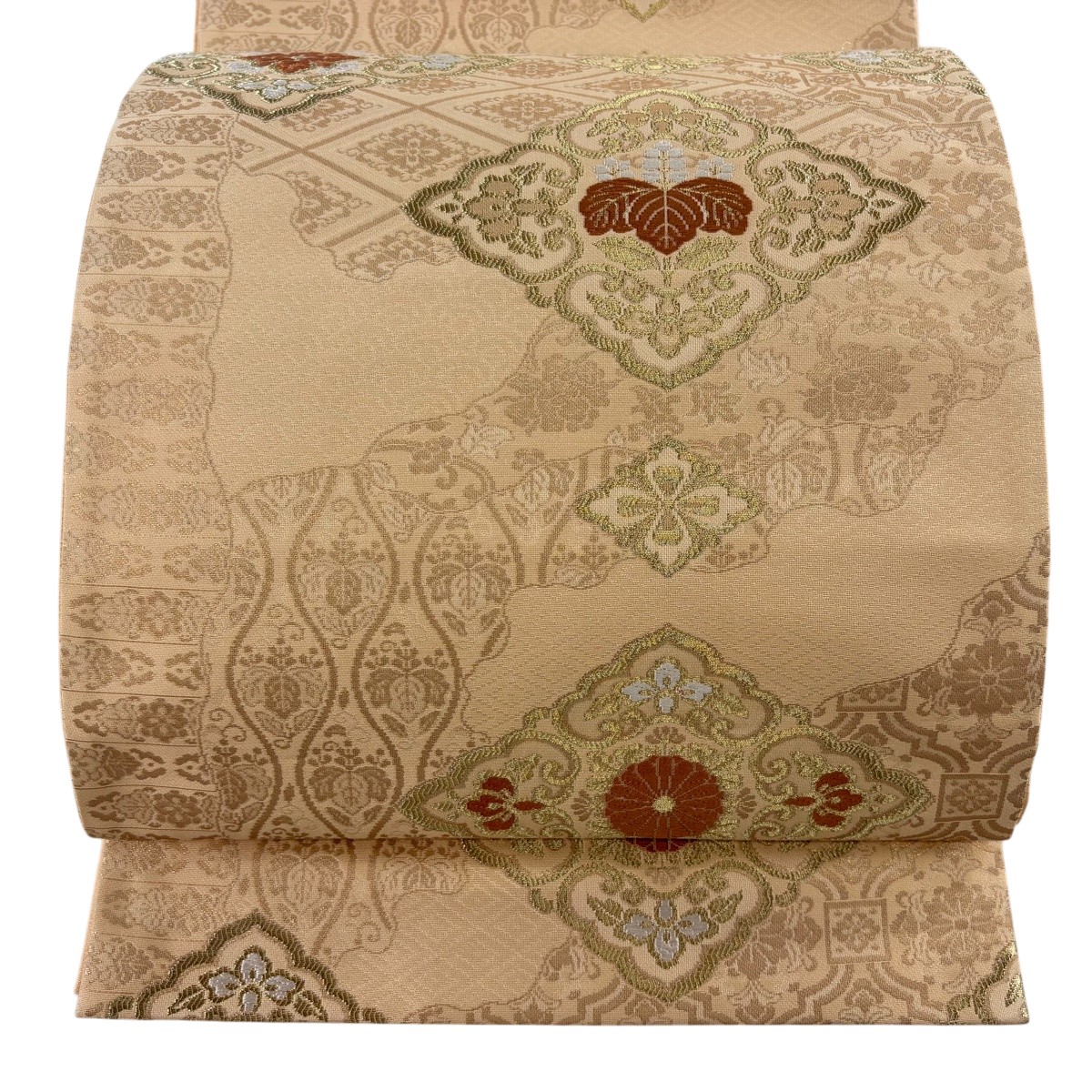 【美品】 袋帯 秀品 花菱 顕花植物 金糸 箔 薄オレンジ色 六通 正絹 【中古】