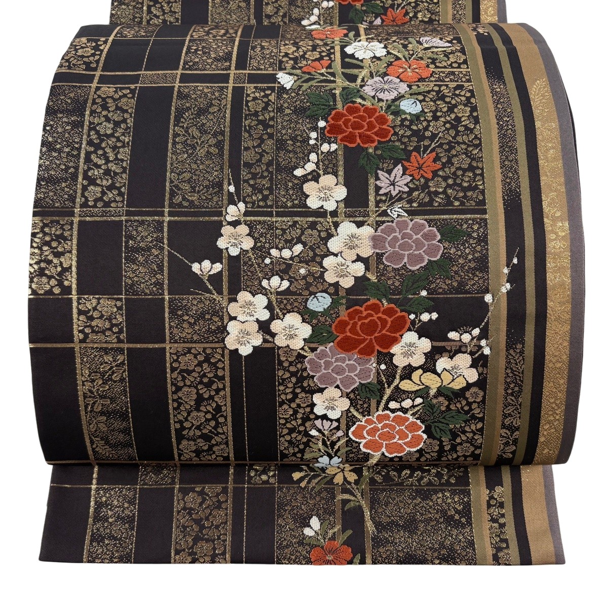 【美品】 袋帯 秀品 枝梅 名取り草 箔 金糸 焦茶色 六通 正絹 【中古】