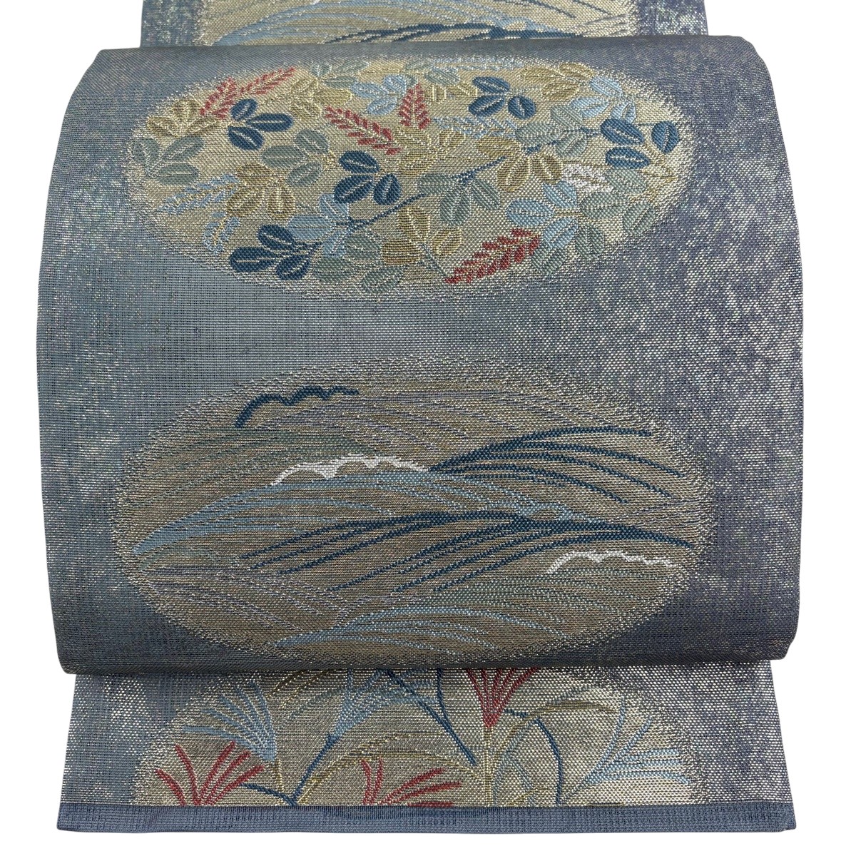 【美品】 袋帯 秀品 夏帯 波 萩 現ナマ糸 箔 青薄墨色 六通 正絹 【中古】