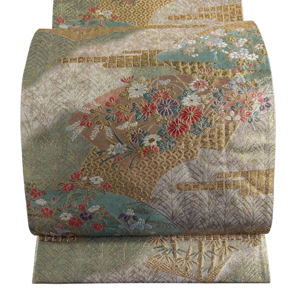 【美品】 袋帯 秀品 扇子 顕花植物 金糸 箔 よもぎ色 六通 正絹 【中古】