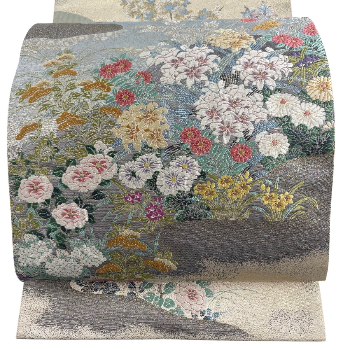 【美品】 袋帯 秀品 三景顕花植物図 宮島 箔 ベージュ 六通 正絹 【中古】