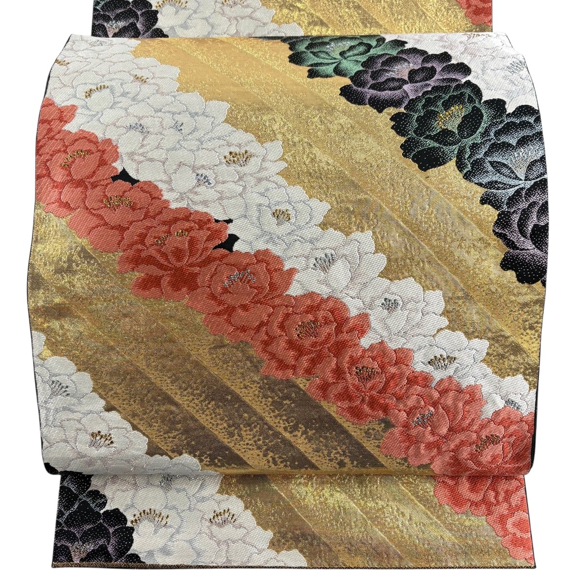 【美品】 袋帯 秀品 花 斜縞 箔 金色 六通 正絹 【中古】