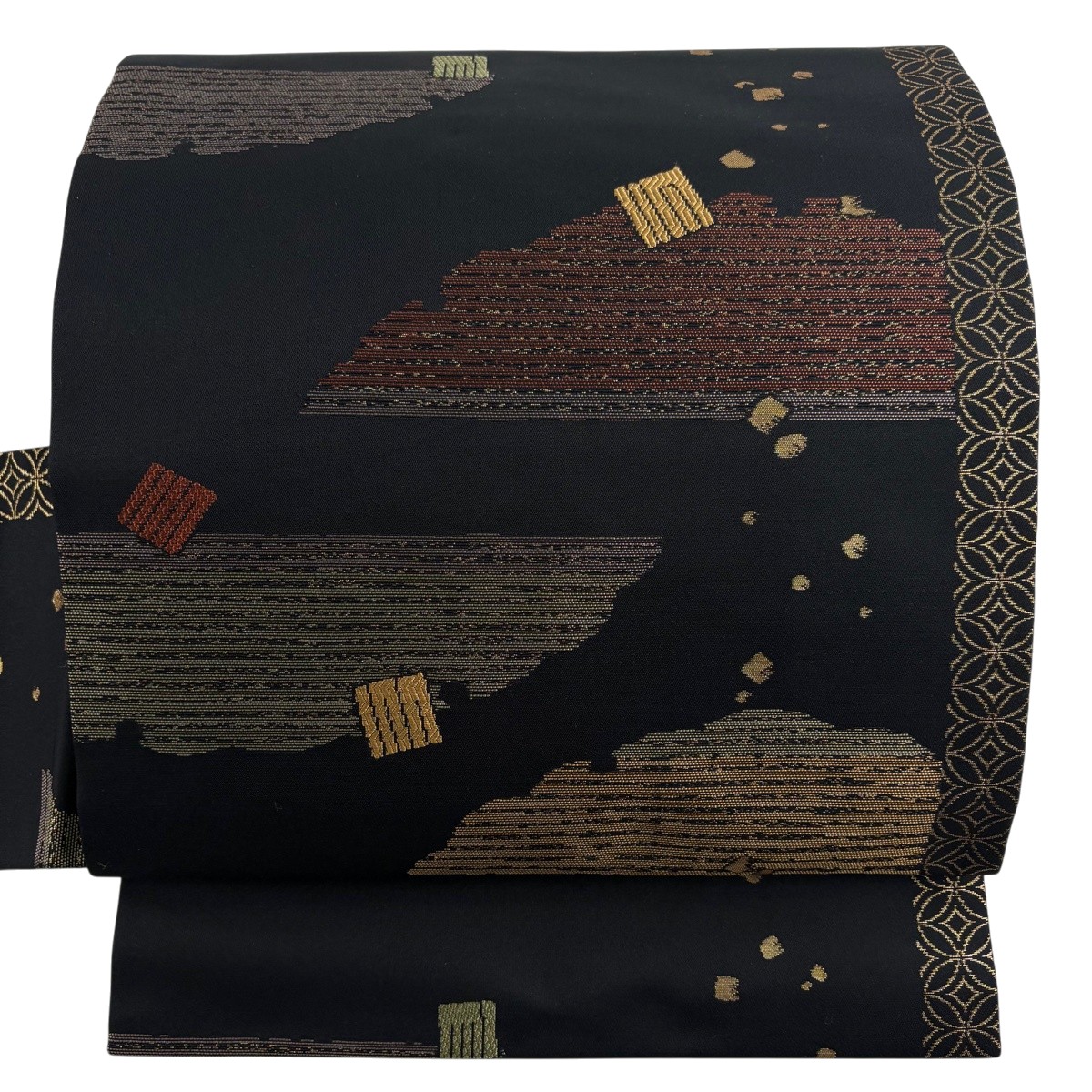 【美品】 名古屋帯 秀品 雪輪 源氏香 箔 黒 正絹 【中古】