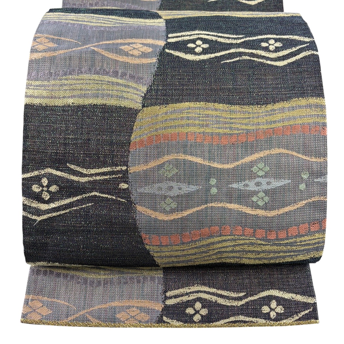 【美品】 袋帯 秀品 よろけ縞 菱 金糸 箔 黒 六通 正絹 【中古】