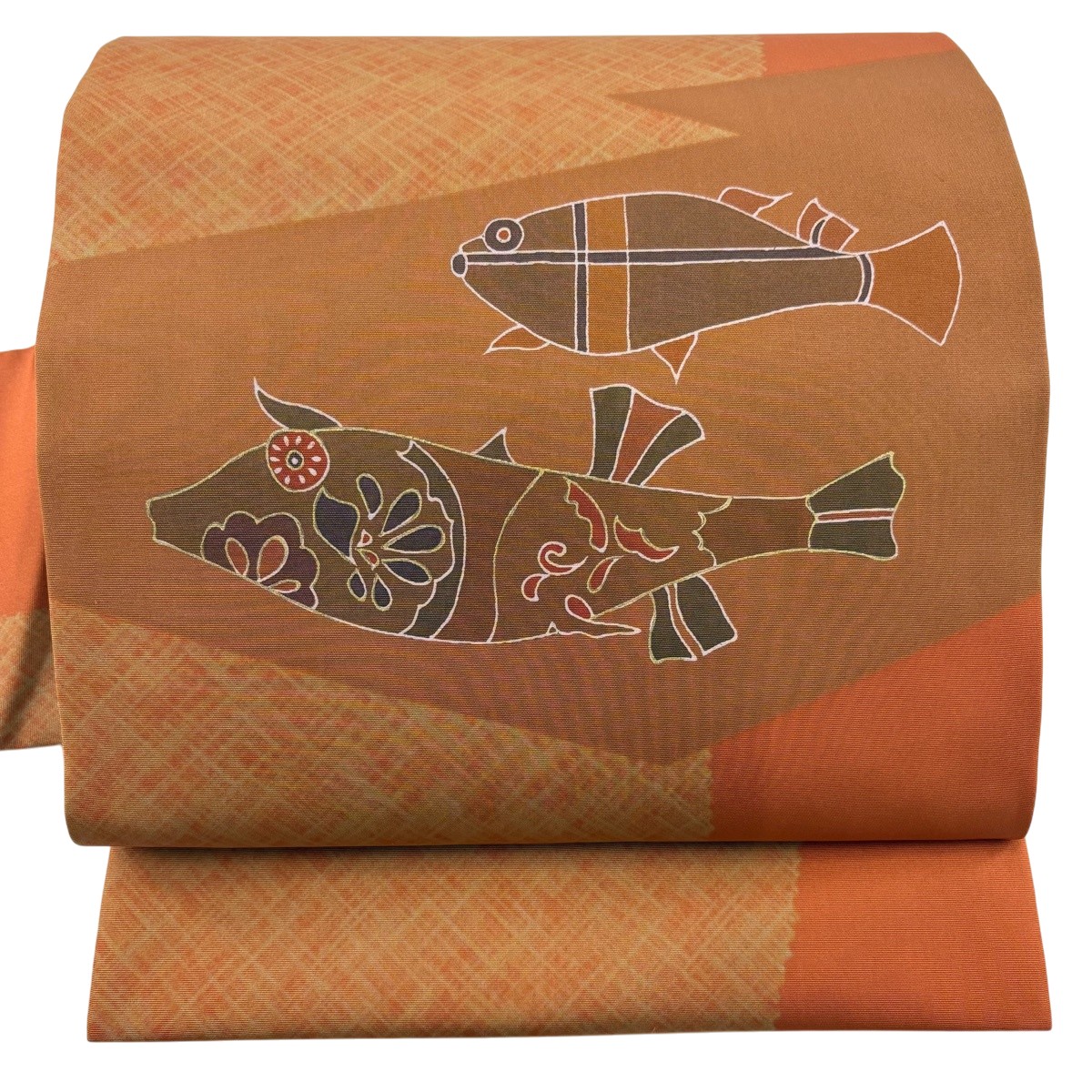 【美品】 名古屋帯 秀品 魚 金彩 オレンジ色 正絹 【中古】